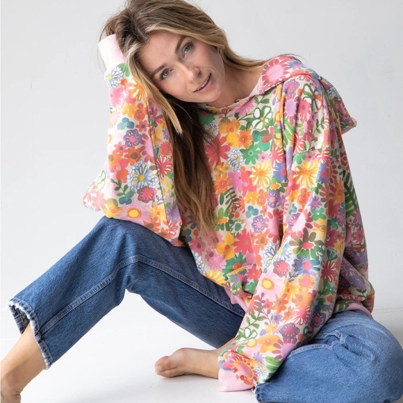 Natural Life Oversized Rainbow Floral Hoodie L/XL Cozy Boho Cottagecore - Picture 1 of 8